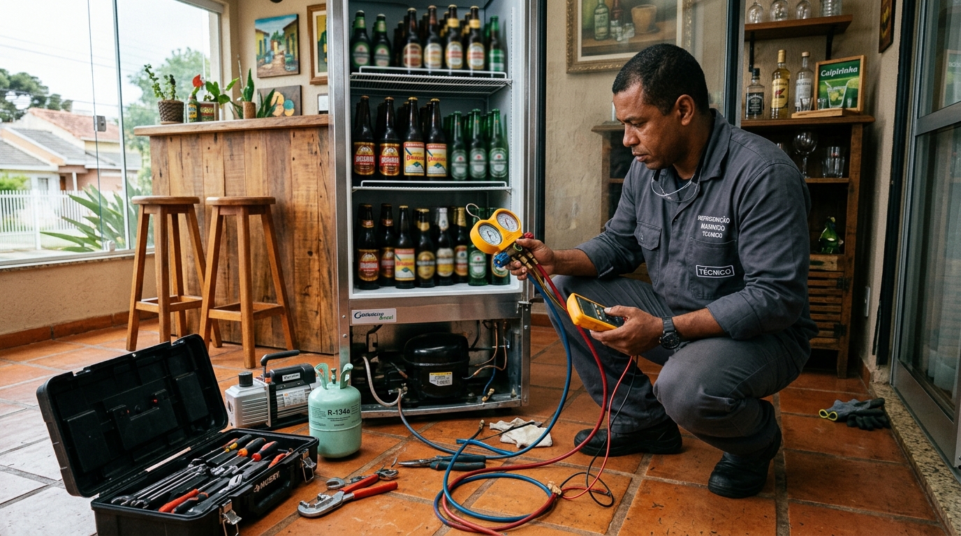 Técnico realizando manutenção de motor de cervejeira em Recife‑PE