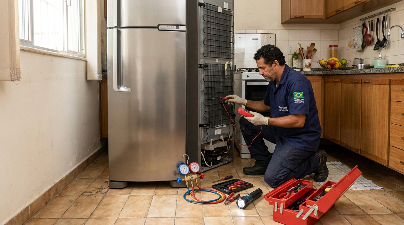 Técnico realizando manutenção de motor de geladeira em Recife‑PE